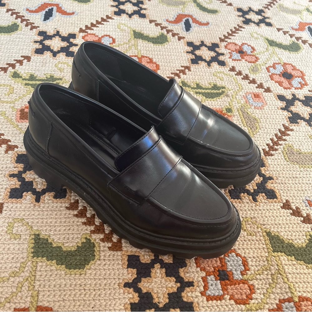 Zara Black Leather Lug Sole Loafers Size 37